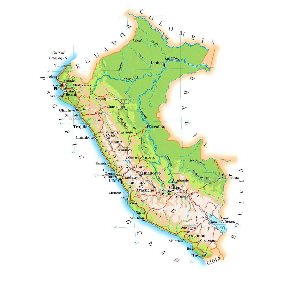 karta över fysiska karta över Peru